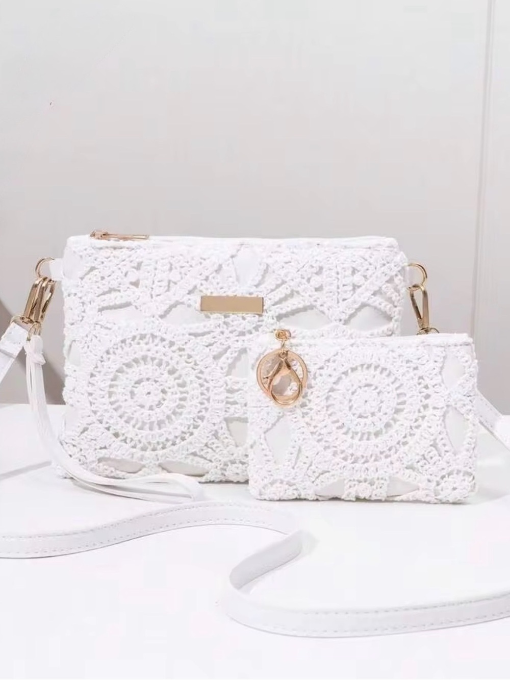 White Crochet Crossbody Bag Set - Elegant Women’s Shoulder Bags